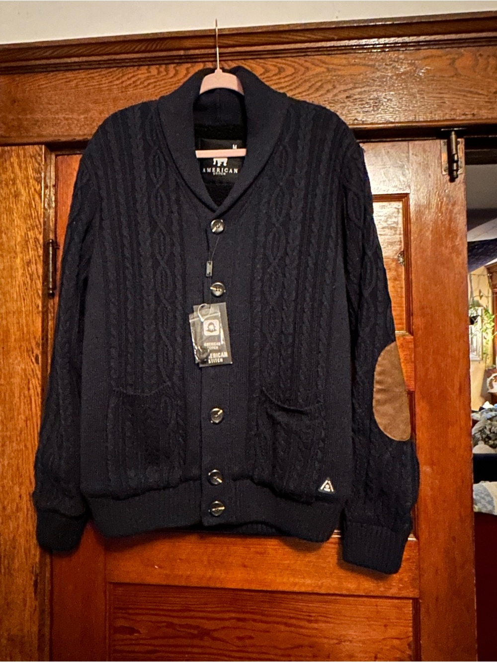 American Stitch Men's Dark Navy Cable Knit Cardigan with Elbow Patches size M